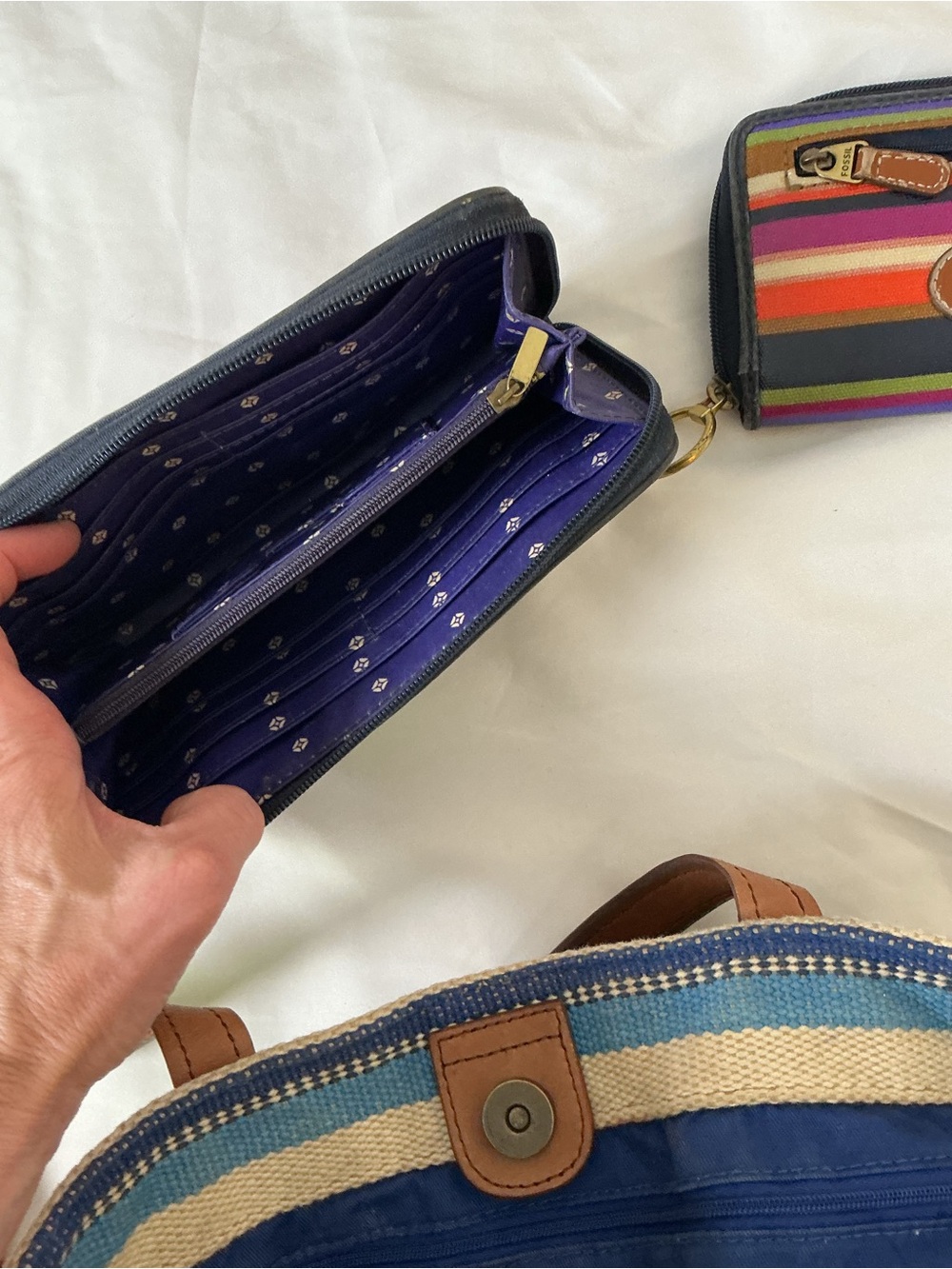 Fossil Colorful Striped Tote & Wallet Set – Canvas + Leather Boho Bundle - Picture 7 of 15